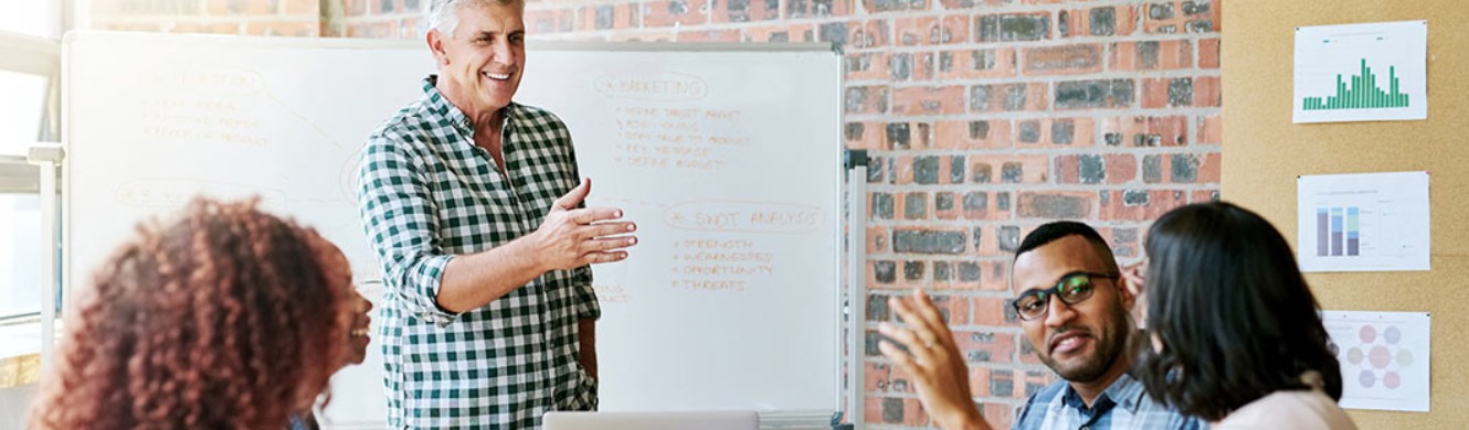 Calling on person with hand raised to ask a question during a business meeting 